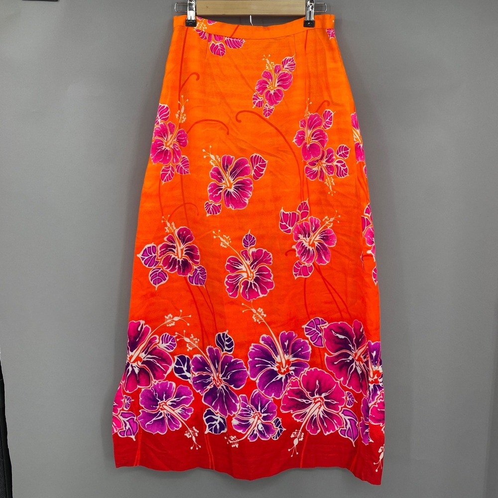 Vintage Barkcloth Hibiscus Floral Maxi Skirt Orange Pink Womens S 27" Tropical